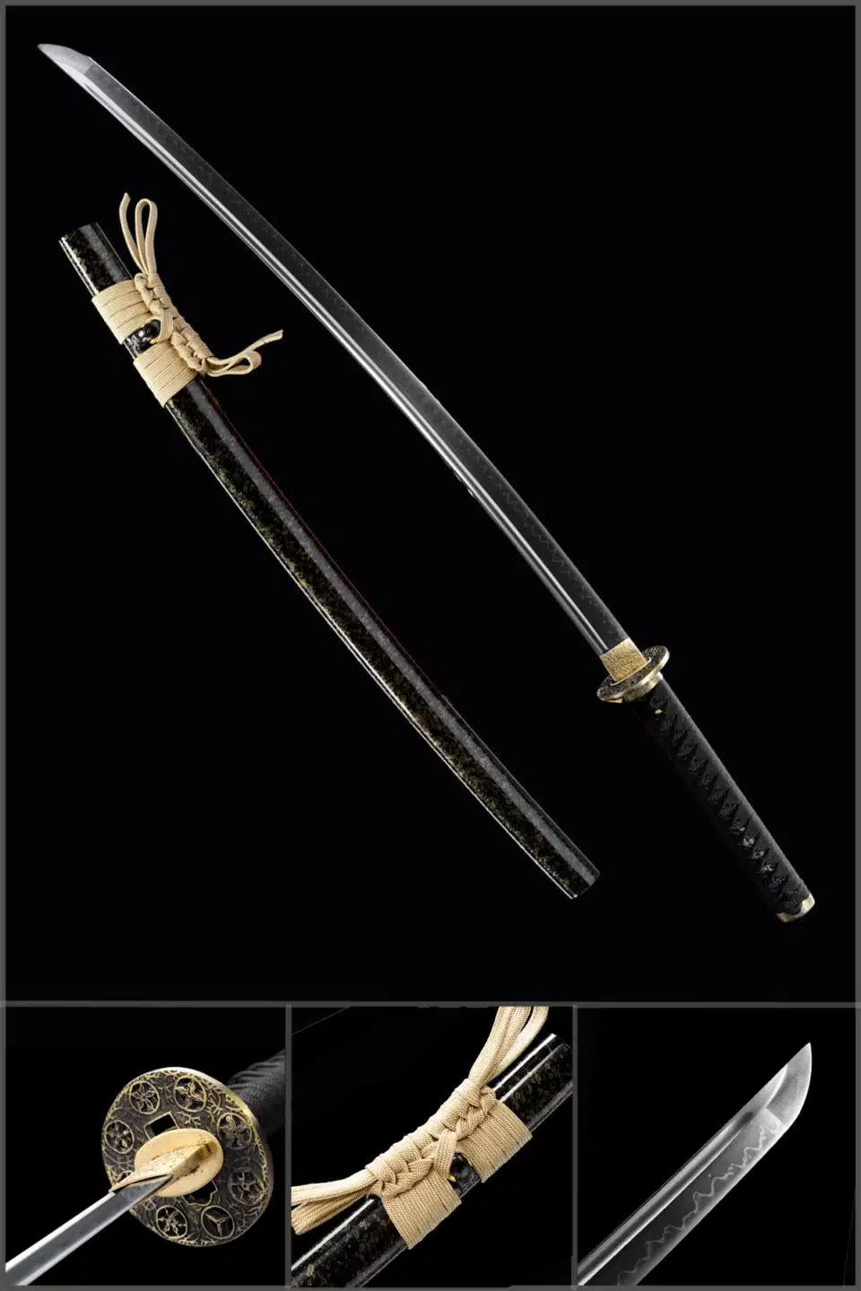 Handmade Japanese Samurai Katana Sword High Performance T Steel Clay Tempered With Bo Hi Battle Ready Black Saya Beige Sageo