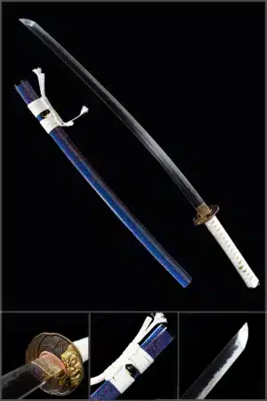 Handmade Japanese Samurai Katana Sword High Performance T Steel Clay Tempered With Hamon Battle Ready Copper Fitting Blue Saya