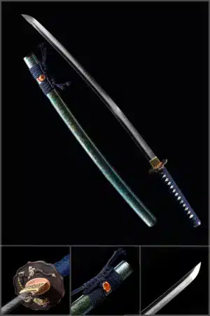 Handmade Japanese Samurai Katana Sword High Performance T Steel Clay Tempered With Hamon Green Scabbard