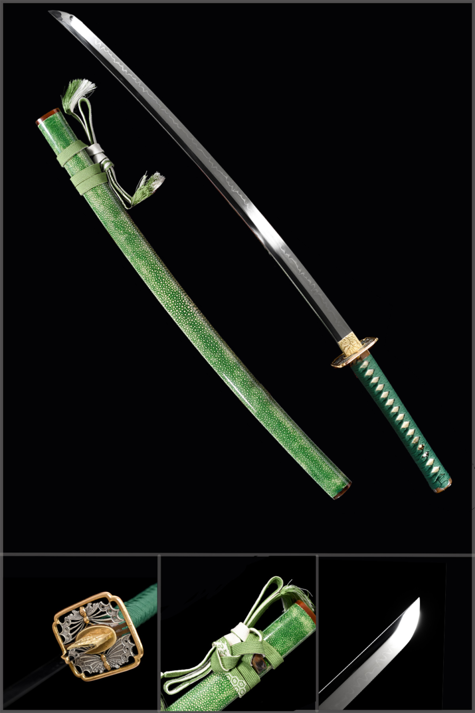 Handmade Japanese Samurai Katana Sword High Performance T Steel Full Tang Mirror Polished Light Green Scabbard