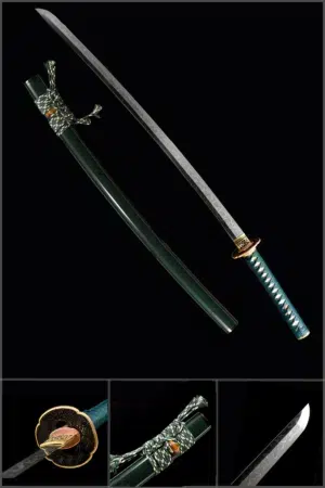 Handmade Japanese Samurai Katana Sword High Performance T Steel Full Tang With Hamon Drak Green Scabbard