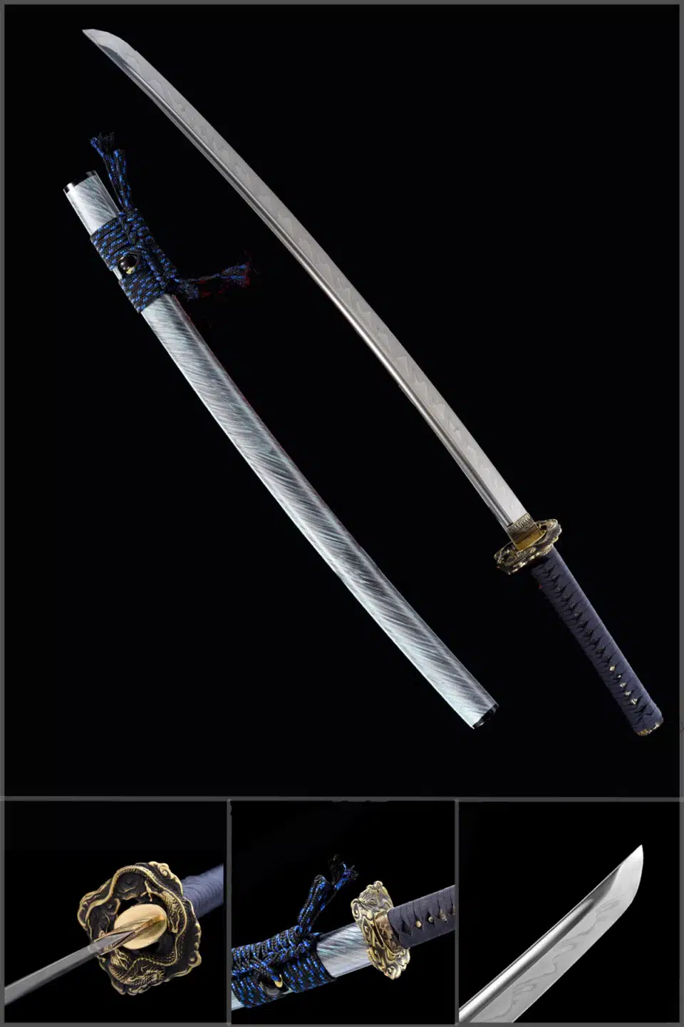 Handmade Japanese Samurai Katana Sword High Performance T Steel Full Tang With Hamon Light Blue Scabbard