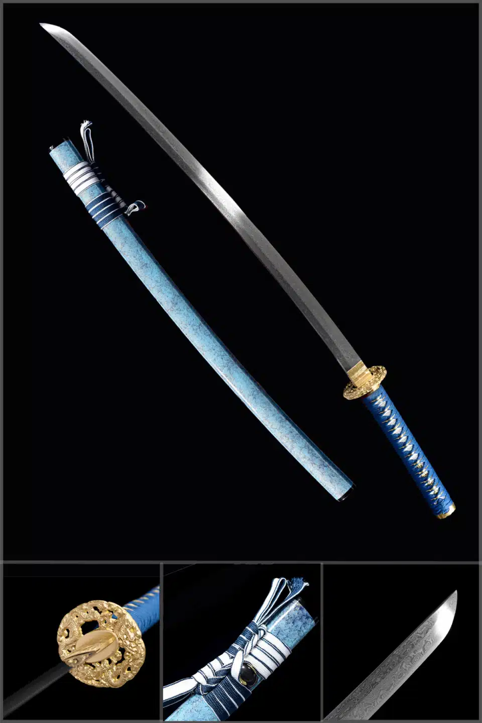 Handmade Japanese Samurai Katana Sword Pattern Steel Blade Full Tang Clay Tempered Blue Saya