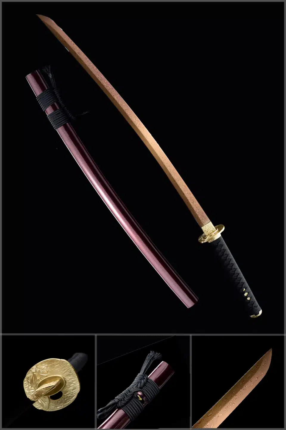 Handmade Japanese Samurai Katana Sword Pattern Steel Gold Full Tang Blade Copper Tusba Red Saya