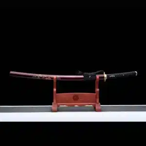 Handmade Japanese Samurai Katana Sword Pattern Steel Gold Full Tang Blade Copper Tusba Red Saya