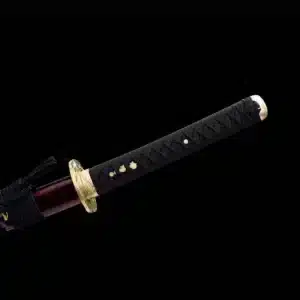 Handmade Japanese Samurai Katana Sword Pattern Steel Gold Full Tang Blade Copper Tusba Red Saya