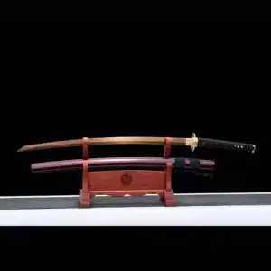 Handmade Japanese Samurai Katana Sword Pattern Steel Gold Full Tang Blade Copper Tusba Red Saya