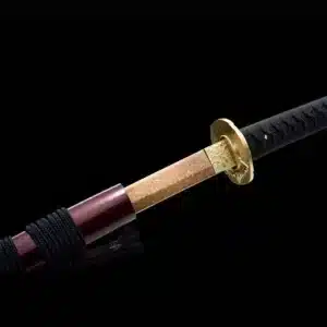 Handmade Japanese Samurai Katana Sword Pattern Steel Gold Full Tang Blade Copper Tusba Red Saya