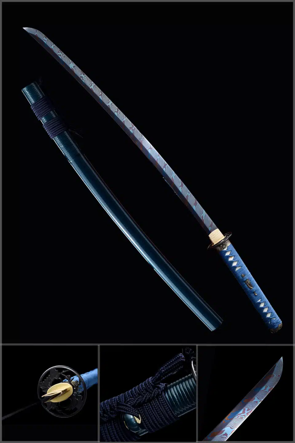 Handmade Japanese Samurai Katana Sword Pattern Steel Maple Leaf Blue Baked Blade Blue Saya