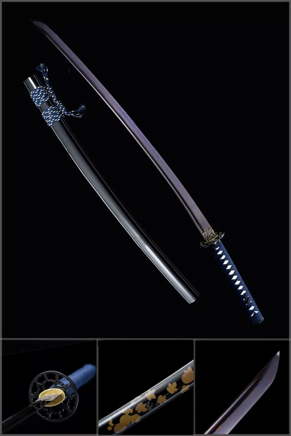 Handmade Japanese Samurai Katana Sword Pattern Steel Purple Blade With Bo Hi Black Saya