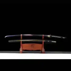 Handmade Japanese Samurai Katana Sword Pattern Steel Red Blade Multi Colored Scabbard