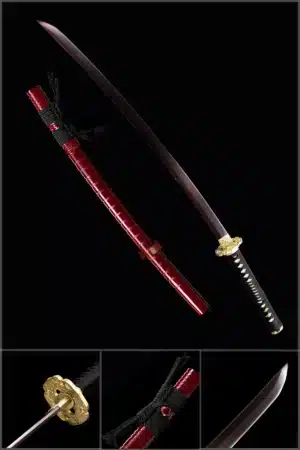 Handmade Japanese Samurai Katana Sword Pattern Steel Red Full Tang Blade Bamboo Knot Red Saya