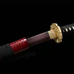 Handmade Japanese Samurai Katana Sword Pattern Steel Red Full Tang Blade Bamboo Knot Red Saya