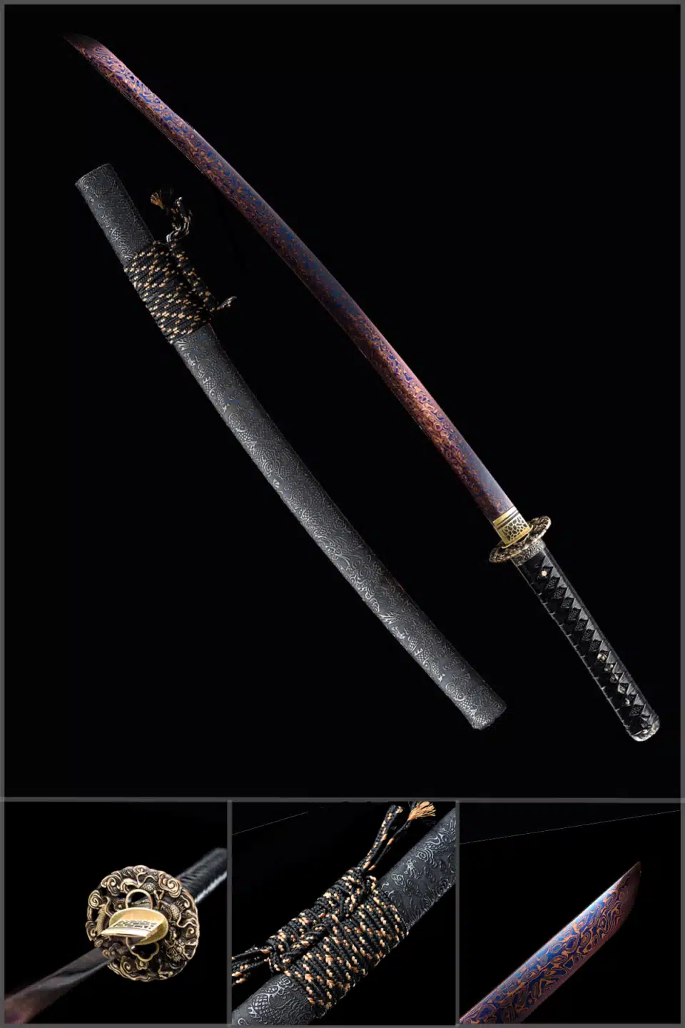 Handmade Japanese Samurai Katana Sword Pattern Steel Red Full Tang Blade Black Saya Copper Fitting