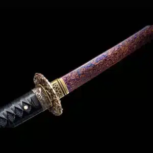 Handmade Japanese Samurai Katana Sword Pattern Steel Red Full Tang Blade Black Saya Copper Fitting