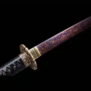 Handmade Japanese Samurai Katana Sword Pattern Steel Red Full Tang Blade Black Saya Copper Fitting