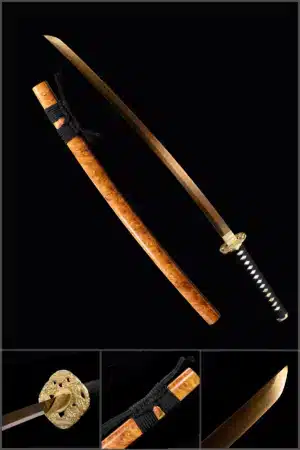 Handmade Japanese Samurai Katana Sword Pattern Steel Red Full Tang Blade Yellow Saya Copper Fitting