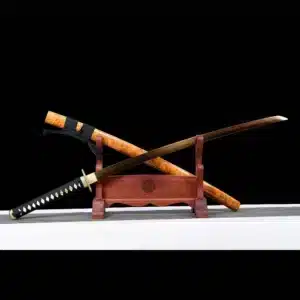 Handmade Japanese Samurai Katana Sword Pattern Steel Red Full Tang Blade Yellow Saya Copper Fitting