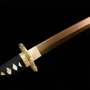 Handmade Japanese Samurai Katana Sword Pattern Steel Red Full Tang Blade Yellow Saya Copper Fitting