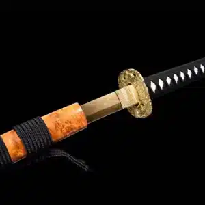 Handmade Japanese Samurai Katana Sword Pattern Steel Red Full Tang Blade Yellow Saya Copper Fitting