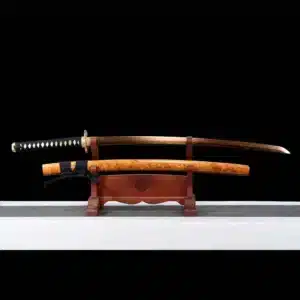 Handmade Japanese Samurai Katana Sword Pattern Steel Red Full Tang Blade Yellow Saya Copper Fitting