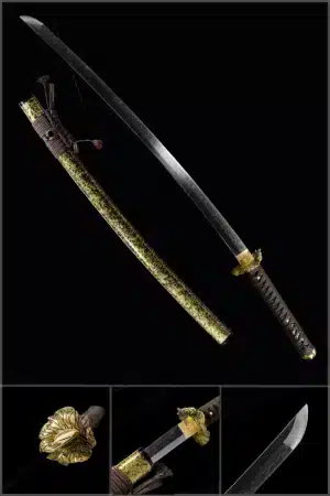 Handmade Japanese Samurai Katana Sword T Steel Black Mirror Polished With Hamon Yellow Saya