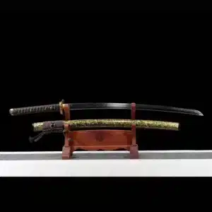 Handmade Japanese Samurai Katana Sword T Steel Black Mirror Polished With Hamon Yellow Saya