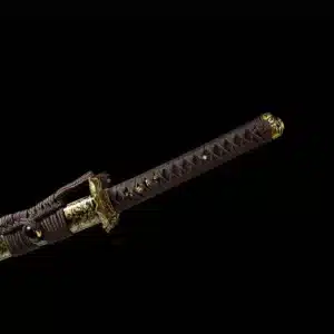 Handmade Japanese Samurai Katana Sword T Steel Black Mirror Polished With Hamon Yellow Saya