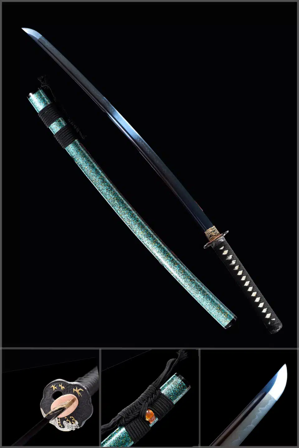 Handmade Japanese Samurai Katana Sword T Steel Blade Blue Baked With Green Scabbard Copper Fitting