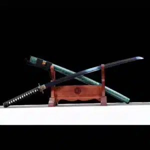 Handmade Japanese Samurai Katana Sword T Steel Blade Blue Baked With Green Scabbard Copper Fitting