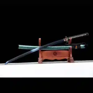 Handmade Japanese Samurai Katana Sword T Steel Blade Blue Baked With Green Scabbard Copper Fitting