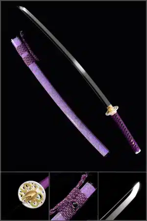 Handmade Japanese Samurai Katana Sword T Steel Full Tang With Hamon Mirror Polished Purple Scabbard Copper Tusba