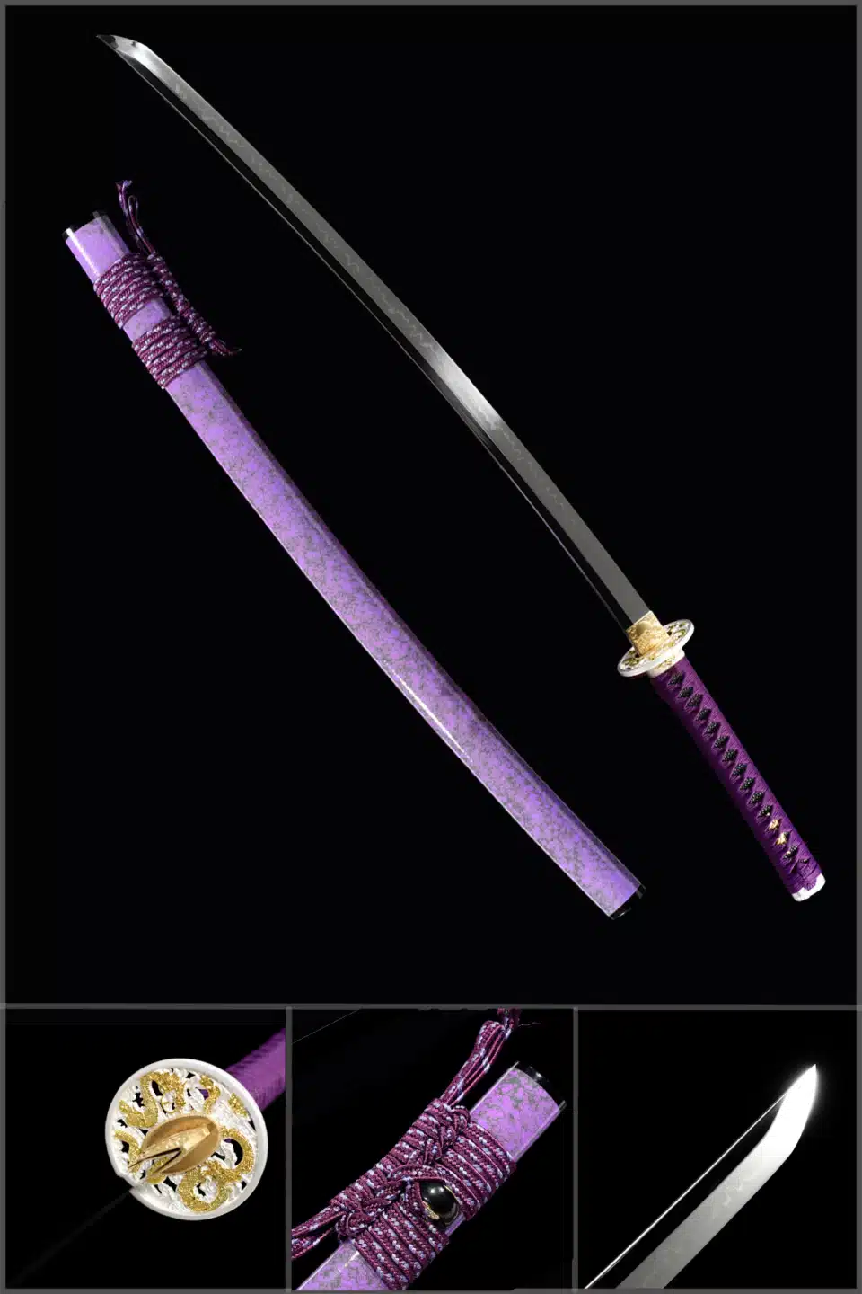 Handmade Japanese Samurai Katana Sword T Steel Full Tang With Hamon Mirror Polished Purple Scabbard Copper Tusba