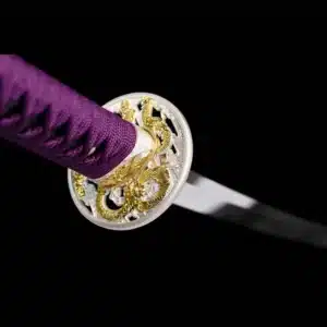 Handmade Japanese Samurai Katana Sword T Steel Full Tang With Hamon Mirror Polished Purple Scabbard Copper Tusba