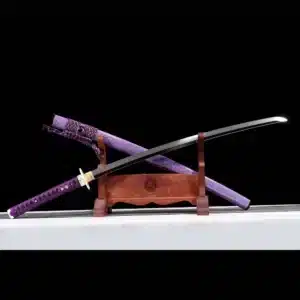 Handmade Japanese Samurai Katana Sword T Steel Full Tang With Hamon Mirror Polished Purple Scabbard Copper Tusba