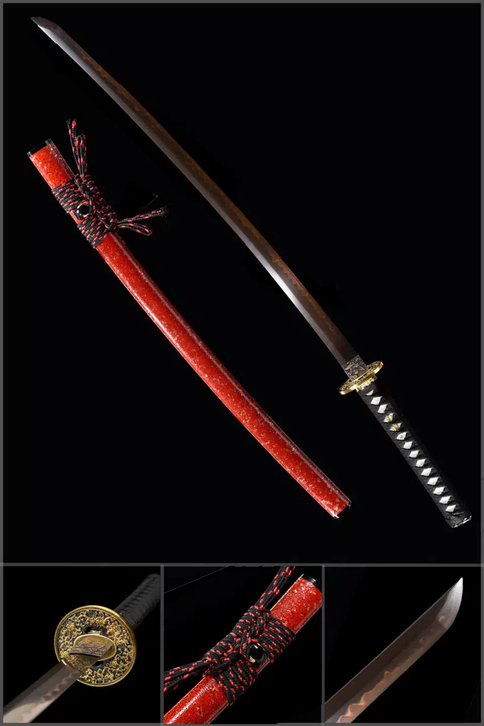 Handmade Japanese Samurai Katana Sword T Steel Red Blade Battle Ready With Grinding Hamon Red Saya