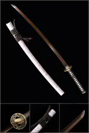 Handmade Japanese Samurai Katana Sword T Steel Red Full Tang Blade Grinding Hamon White Saya Copper Fitting