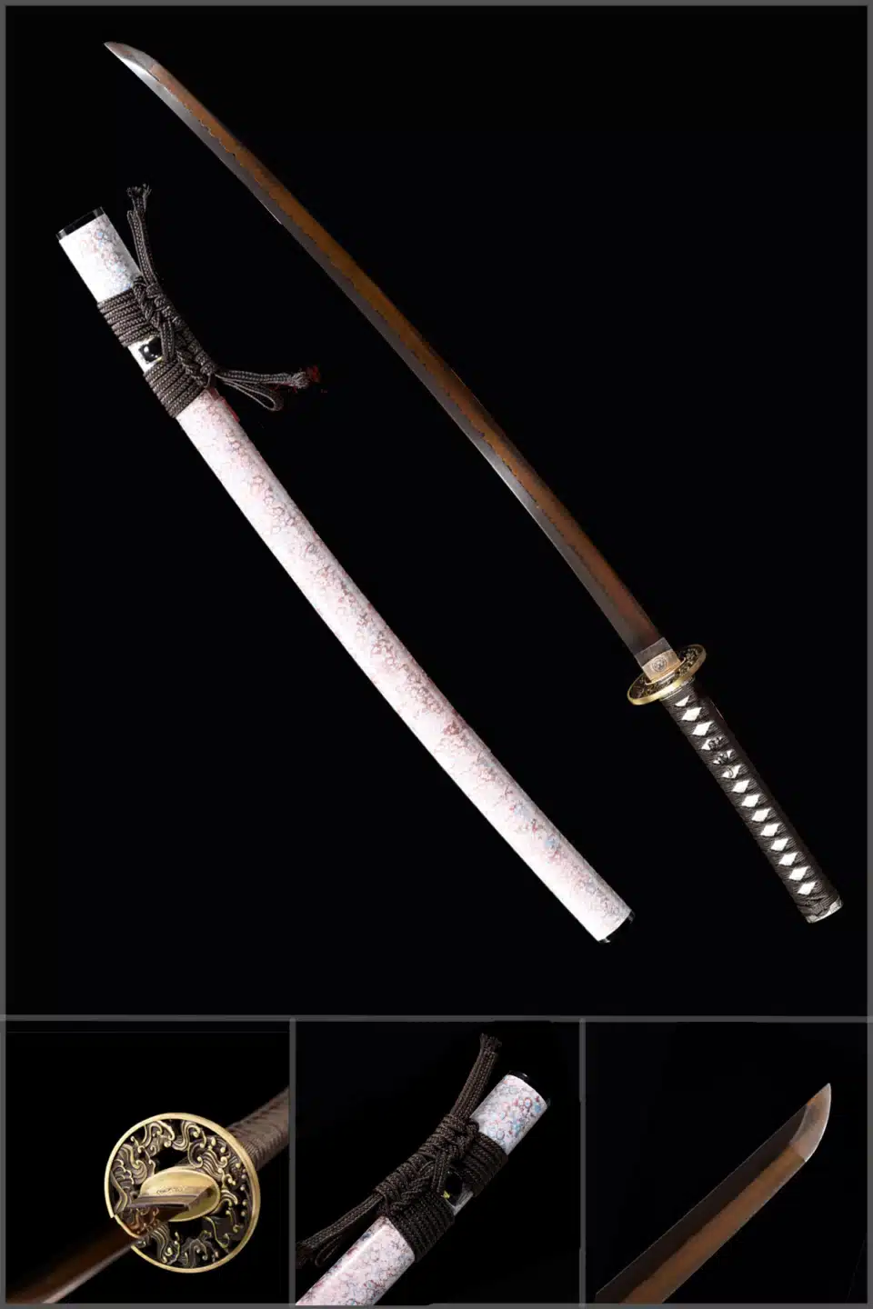 Handmade Japanese Samurai Katana Sword T Steel Red Full Tang Blade Grinding Hamon White Saya Copper Fitting