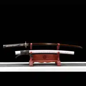 Handmade Japanese Samurai Katana Sword T Steel Red Full Tang Blade Grinding Hamon White Saya Copper Fitting