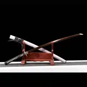 Handmade Japanese Samurai Katana Sword T Steel Red Full Tang Blade Grinding Hamon White Saya Copper Fitting