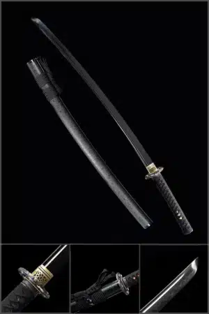 Handmade Japanese Samurai Katana T Steel Black Blade Clay Tempered With Hamon Black Saya