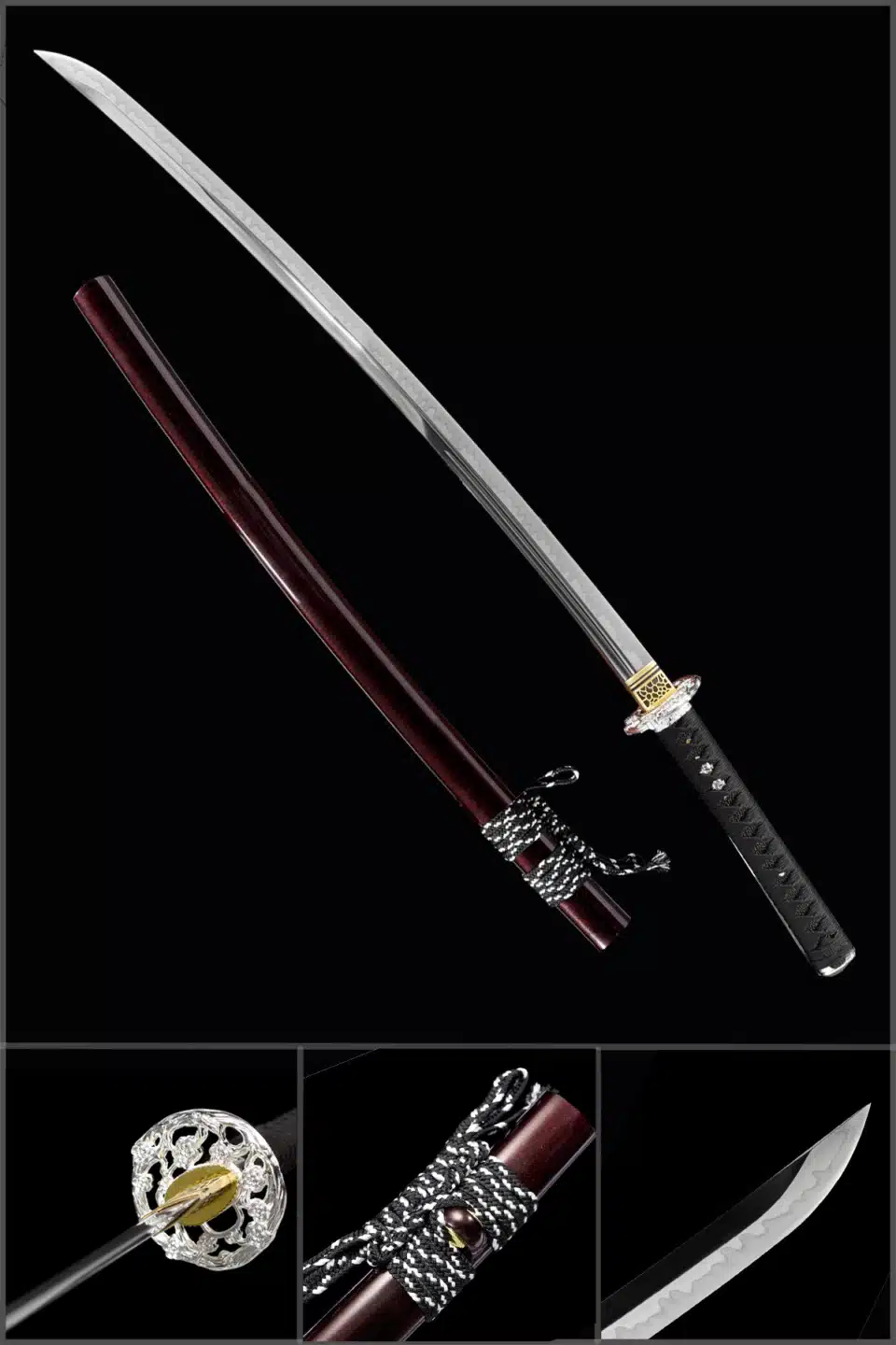 Handmade Japanese Samurai Katana T Steel Blade Clay Tempered Red Plum Bossom Saya Hand Polishing