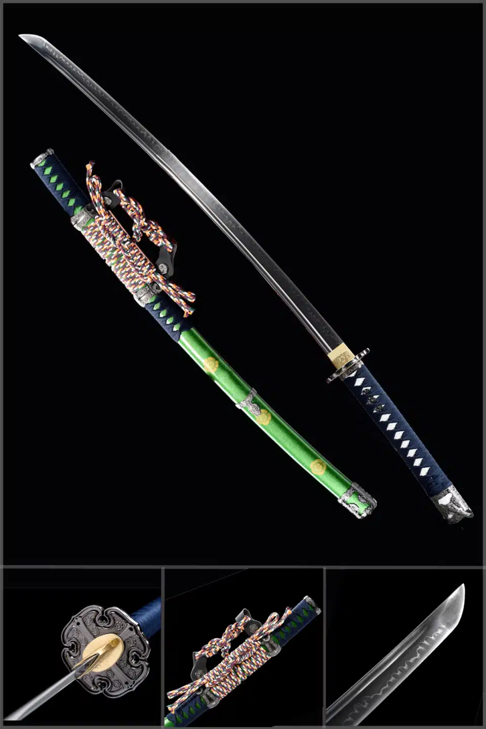 Handmade Japanese Samurai Katana T Steel Blade Clay Tempered With Hamon Samurai Green Crest Saya