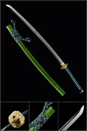 Handmade Japanese Samurai Katana T Steel Candlelight Pattern Blade Clay Tempered With Bo Hi Green Saya