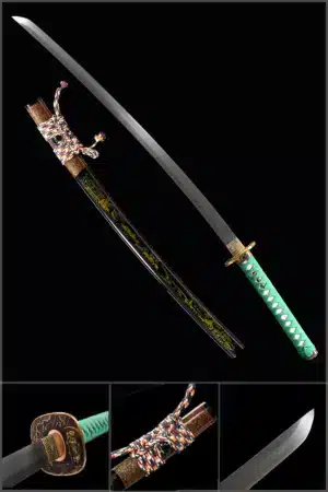 Handmade Japanese Samurai Katanapattern Steel Four Leaf Clover Blade Green Handle With Black Saya