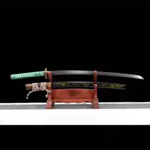 Handmade Japanese Samurai Katanapattern Steel Four Leaf Clover Blade Green Handle With Black Saya