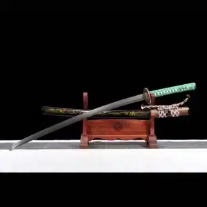 Handmade Japanese Samurai Katanapattern Steel Four Leaf Clover Blade Green Handle With Black Saya