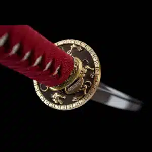 Handmade Japanese Samurai Katanat Steel Red Blade With Copper Tusba Black Saya