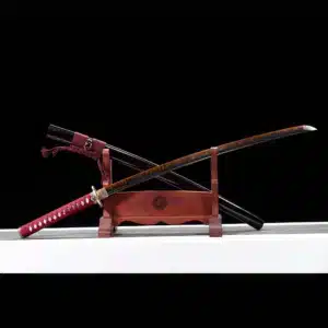 Handmade Japanese Samurai Katanat Steel Red Blade With Copper Tusba Black Saya