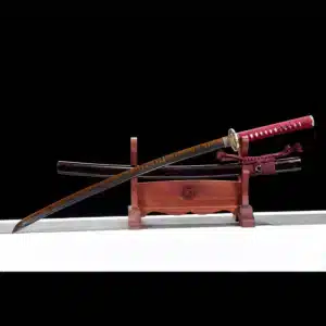 Handmade Japanese Samurai Katanat Steel Red Blade With Copper Tusba Black Saya